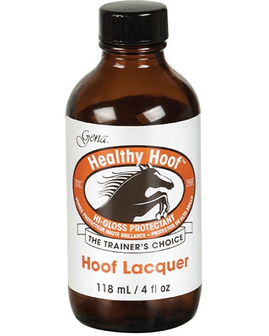 Healthy Hoof Lacquer 4 oz hi-gloss protectant, used by trainers to protect and strengthen hooves and nails.