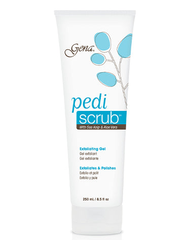 Gena Pedi Scrub exfoliating gel in white tube, enriched with sea kelp and aloe to smooth rough feet.