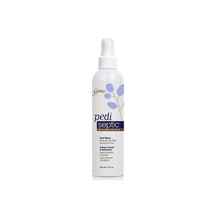 Gena Antibacterial Foot Spray with Eucalyptus and Tea Tree Oil to cleanse, cool, and refresh tired feet.