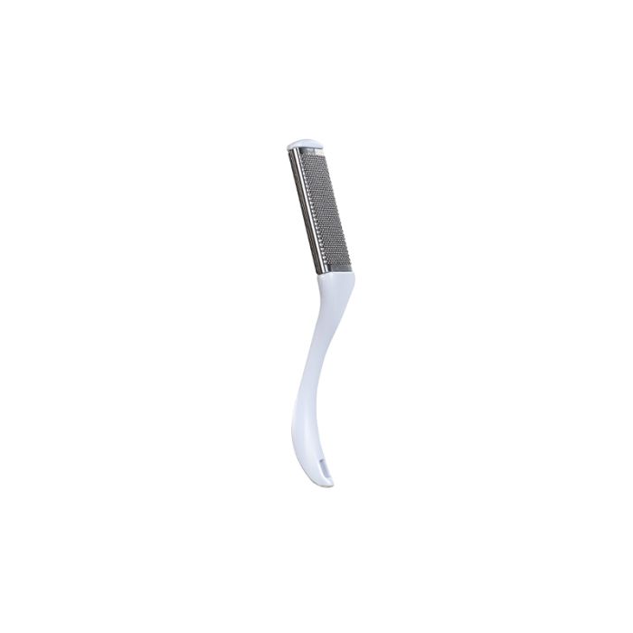 Curved ergonomic foot file with stainless steel surface for effective removal of calluses and rough skin.