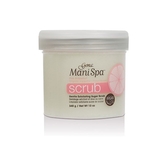 Gena Mani Spa Sugar Scrub, 12 oz gentle pink grapefruit exfoliating scrub with argan oil for soft hands.