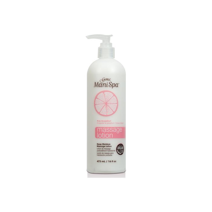 Gena Mani Spa Massage Lotion, 16 oz pink grapefruit formula with argan oil for deep moisture and softness.