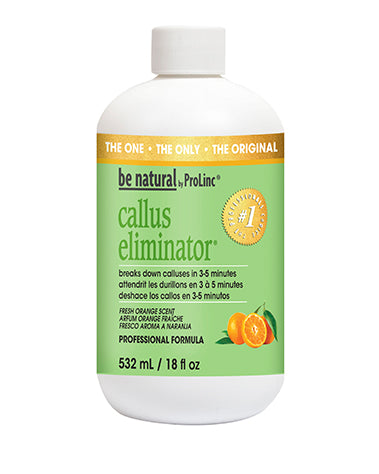 be natural Callus Eliminator 18 oz orange formula, salon-size callus remover with citrus fragrance.