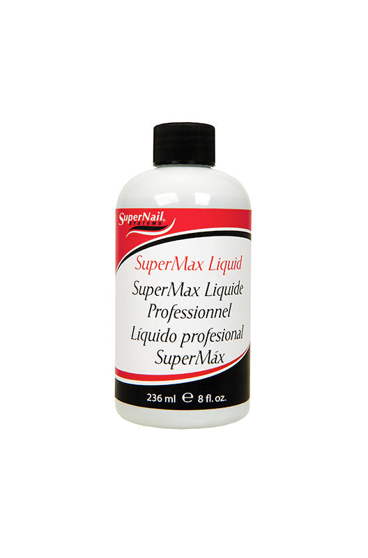 8-ounce container of SuperNail Supermax Liquid with detailed printed label text and product information