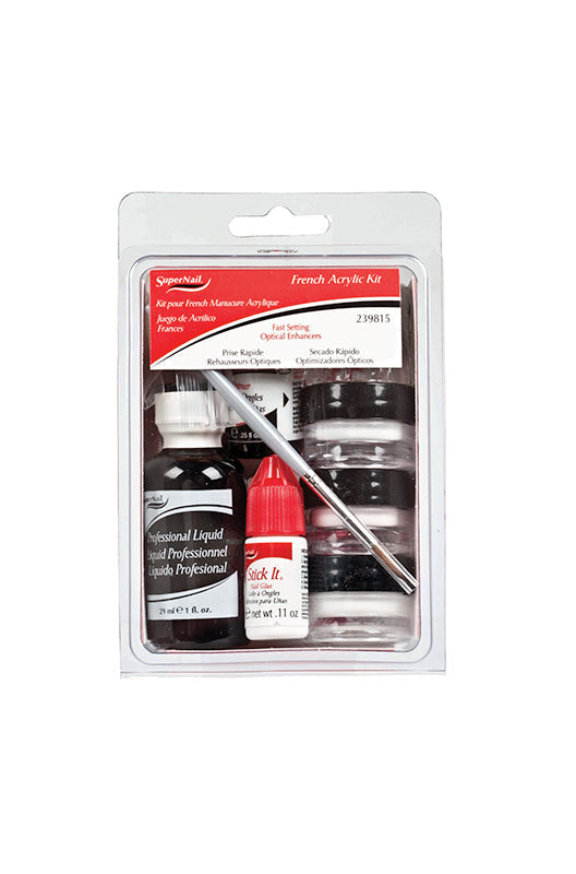 Front view of SuperNail French Acrylic Essentials Kit sealed in a wall-hook ready packaging with label tag