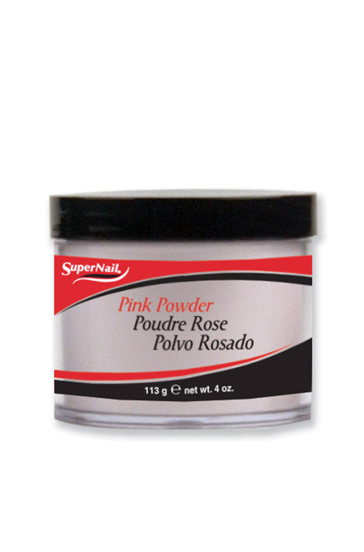 Frontage of SuperNail Pink Powder in 2 ounce flat canister with printed labeled text