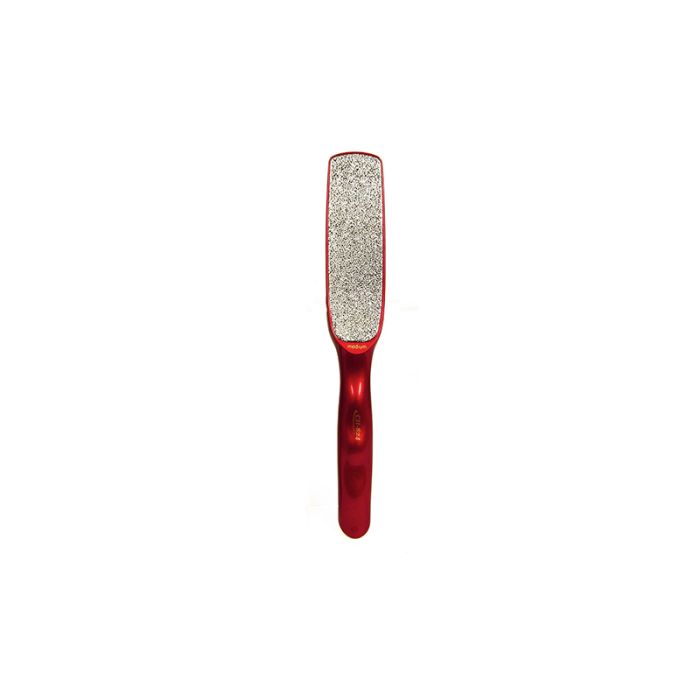 Checi Professional Foot File with red handle and coarse nickel surface for heavy callus removal and smooth heels.