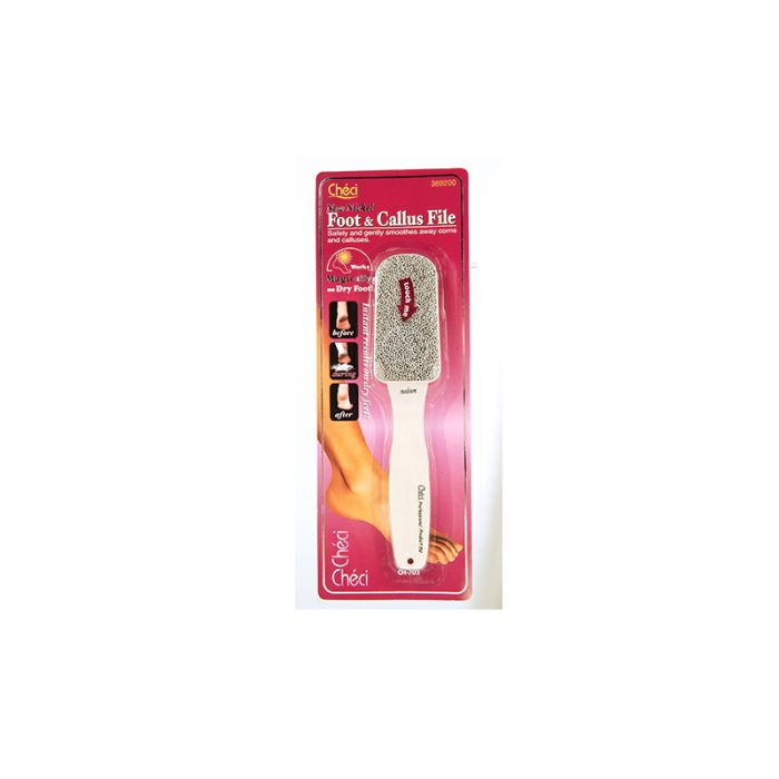 Checi White Foot & Callus File with satin smooth nickel surface ideal for gently exfoliating dry skin on heels and soles.