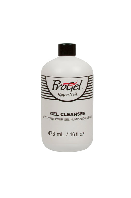 Frontage of  SuperNail ProGel Cleanser with printed label and product information in a 16-ounce bottle