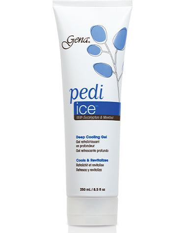 Gena Pedi Ice Deep Cooling Gel, 8.5 oz with eucalyptus and menthol to revitalize and refresh tired feet.