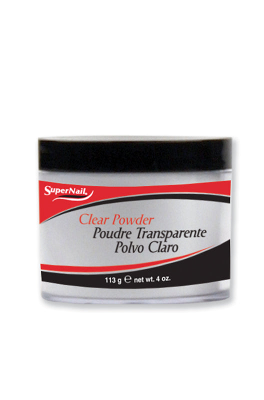 Medium-sized 4oz. jar of SuperNail Clear Powder, perfect for durable and smooth acrylic nail applications.