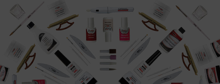 Various Supernail nail care products and tools on a white back background.