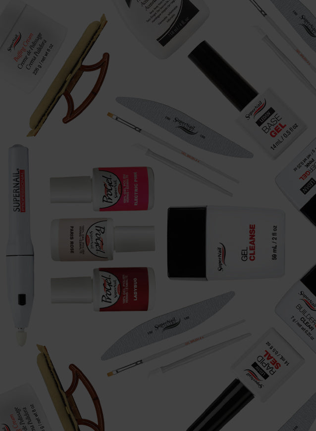 Various Supernail nail care products and tools on a white back background.
