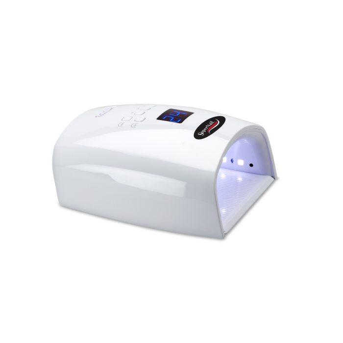 Side view of SuperNail Cordless LED/UV Lamp with spacious opening for curing gel polish on hands or feet efficiently.