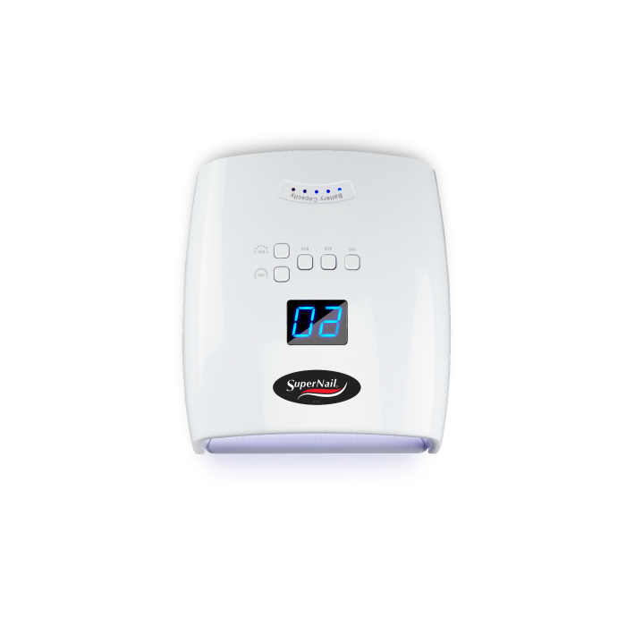 Top view of SuperNail LED/UV Cordless Nail Lamp featuring digital display and easy-touch buttons for precision curing.