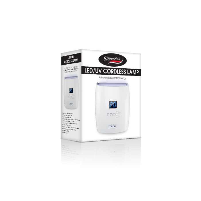 SuperNail Cordless LED/UV Lamp with digital timer, rechargeable battery, and advanced gel polish curing technology.
